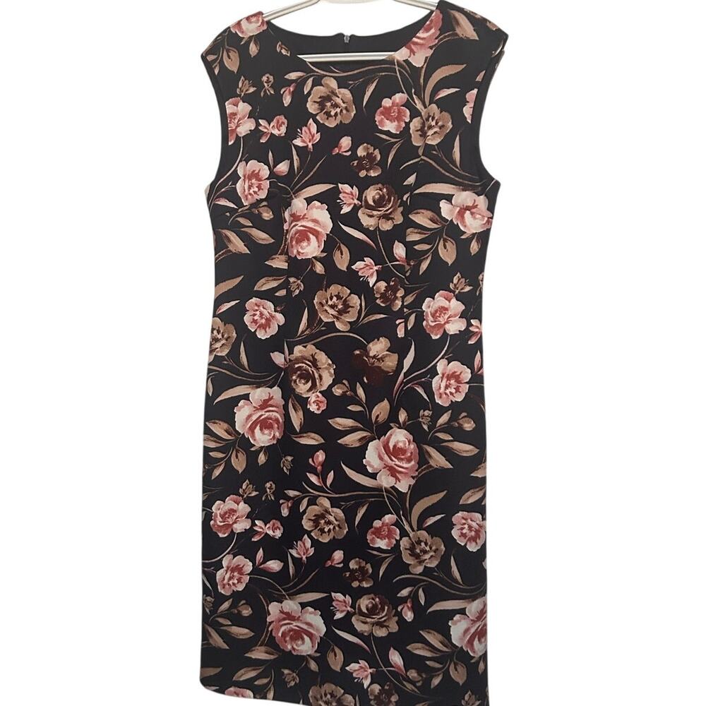 Glamour Women's Black Floral Pink Tan Sleeveless‎ Dress Zips in Back Size 12